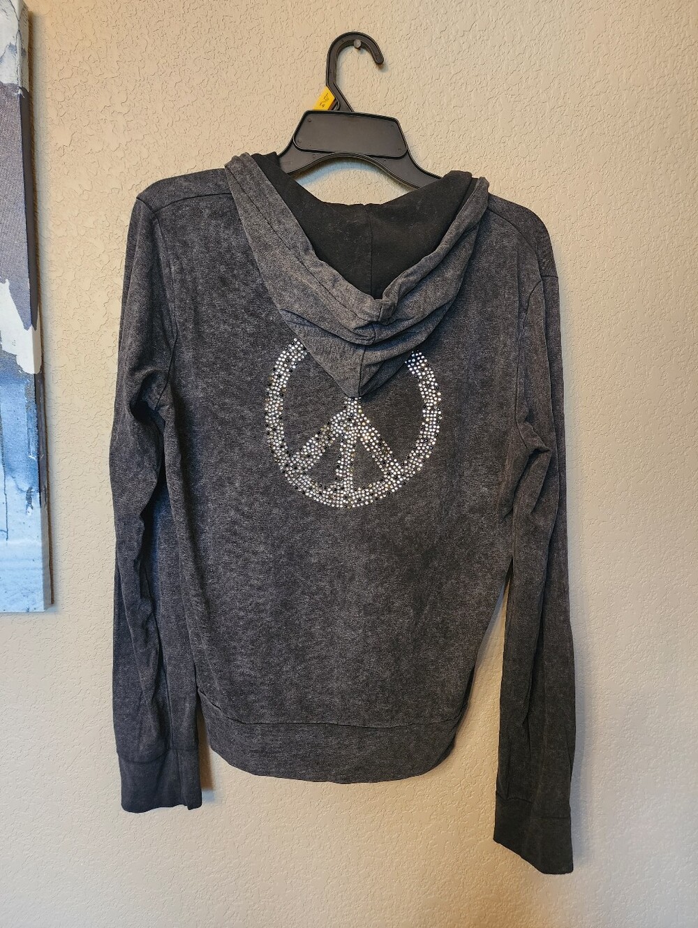 Women’s Charcoal Hooded Sweatshirt with Rhinestone Peace Emblem